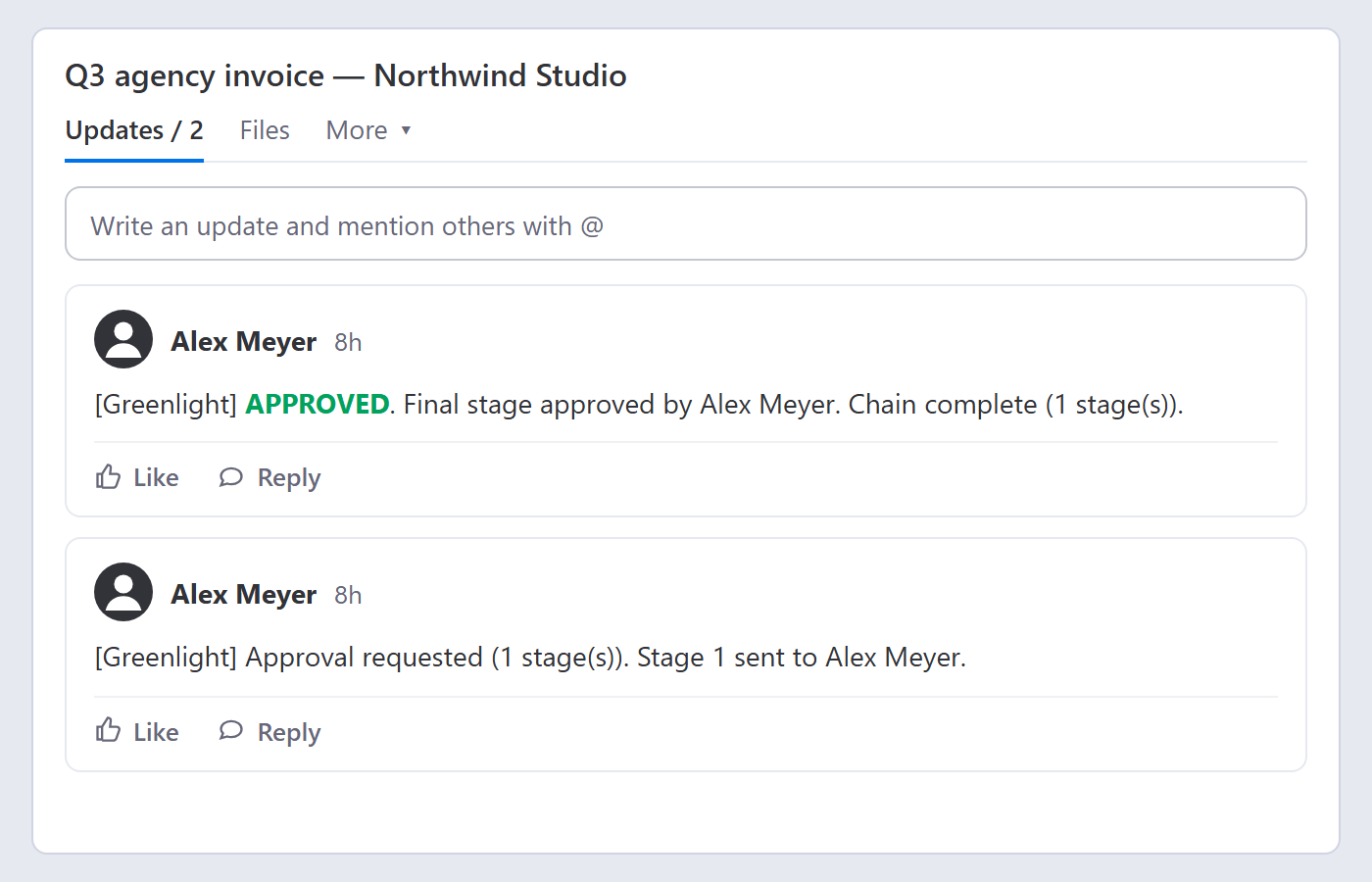 Audit updates on an item showing approval request and completion
