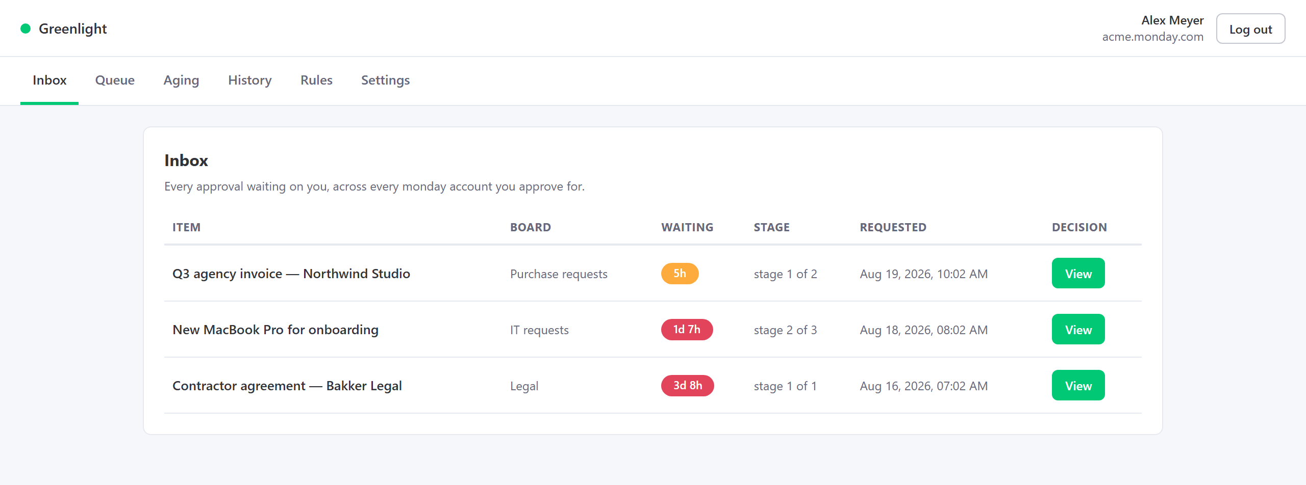 The portal Inbox listing pending approvals across accounts with waiting-time badges and a View button per row