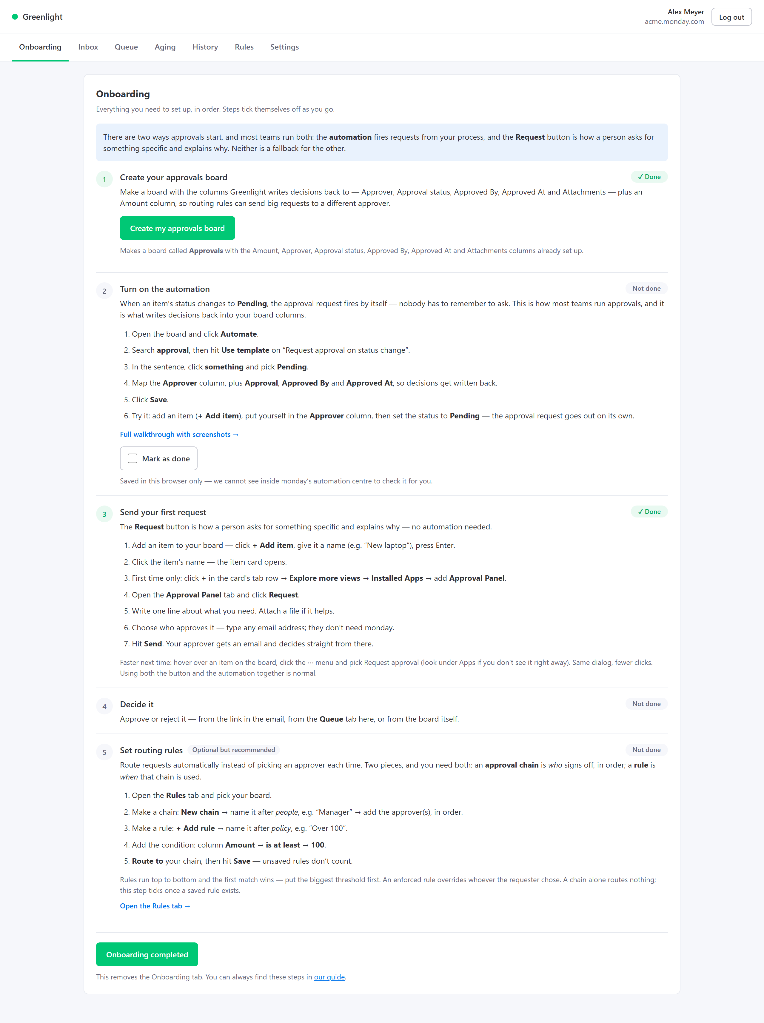 The portal Onboarding tab with five steps, two ticked, and a Create my approvals board button