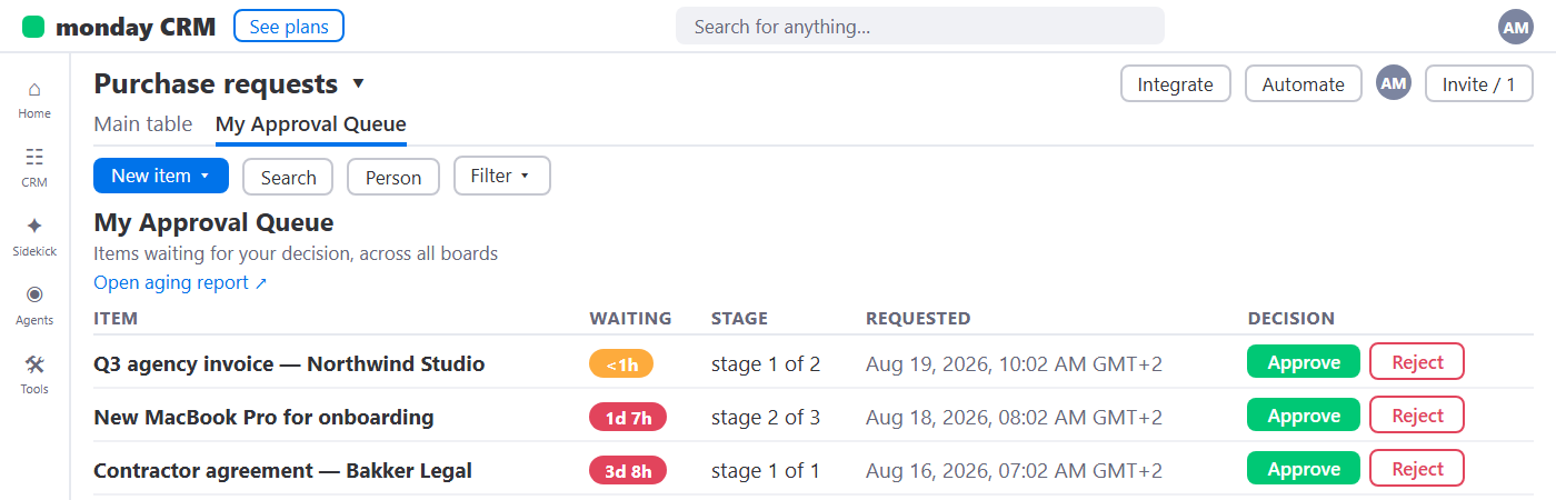 My Approval Queue board view with Approve and Reject buttons per row